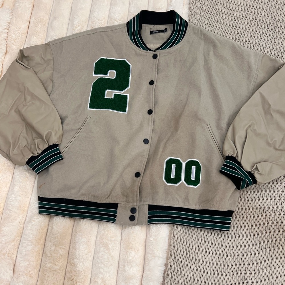 Beige Varsity Jacket with Green Accents
